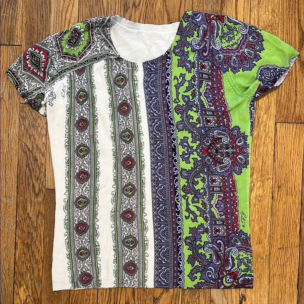 Etro Milano silk blend short sleeve paisley spring multicolor stripe knit top